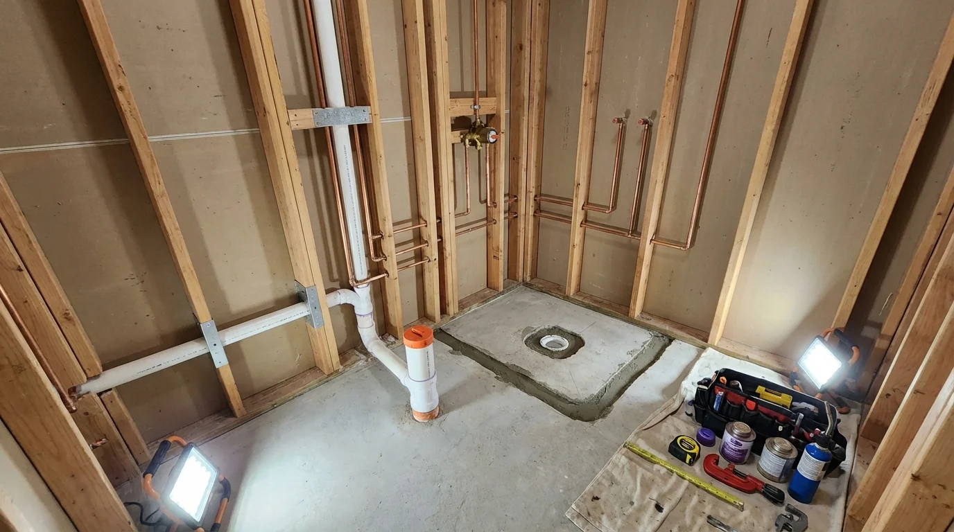 Bathroom rough-in plumbing during remodel by Johns Plumbing LLC in South Thomaston