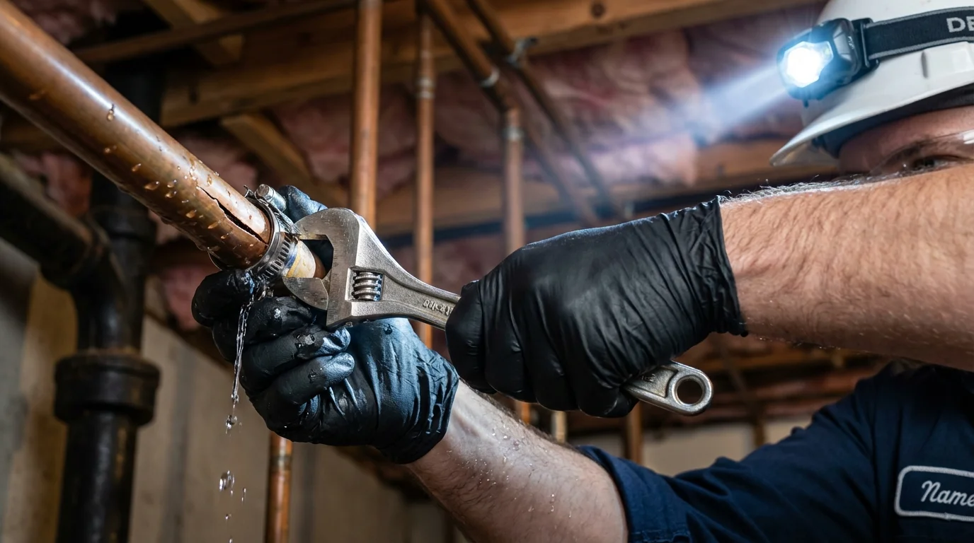 Emergency pipe clamp repair being performed by a Johns Plumbing LLC plumber in South Thomaston