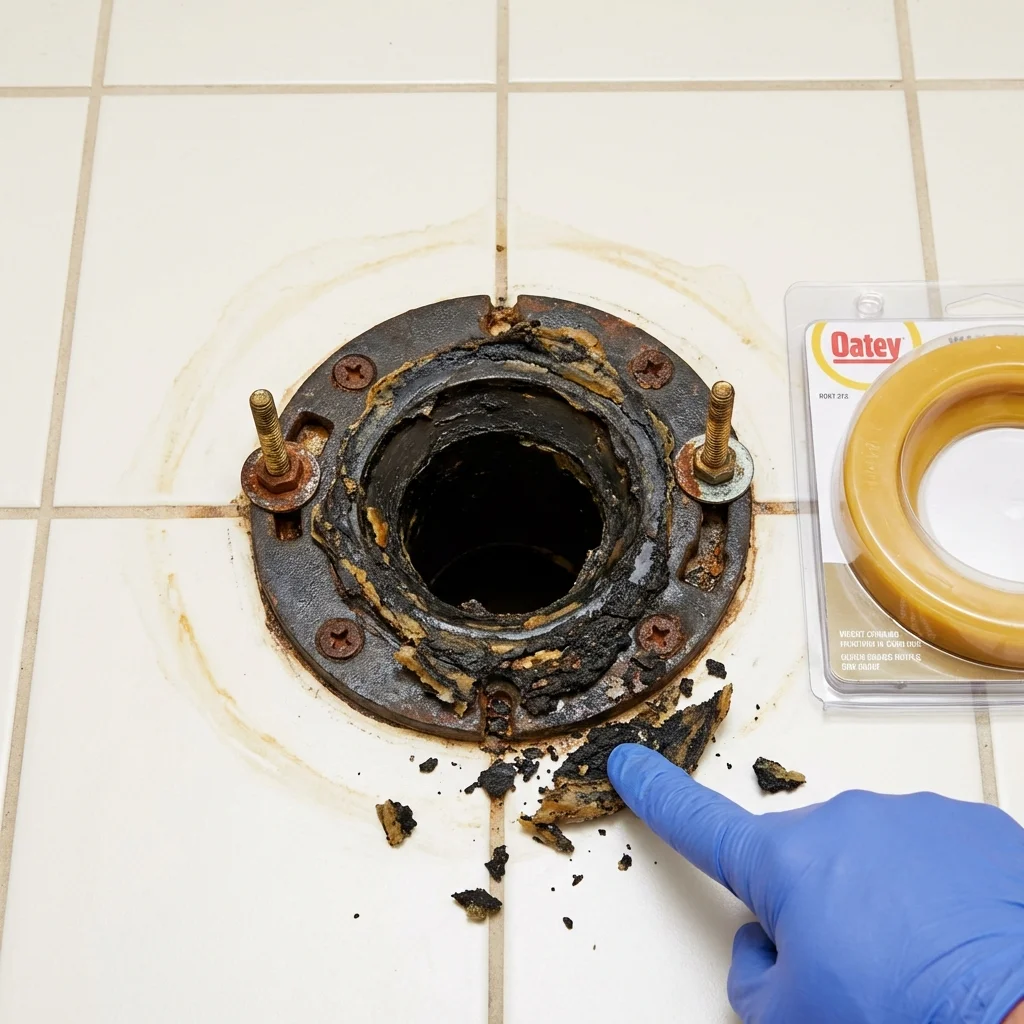 Failed wax ring showing water seepage at the base of a toilet in a South Thomaston, ME home
