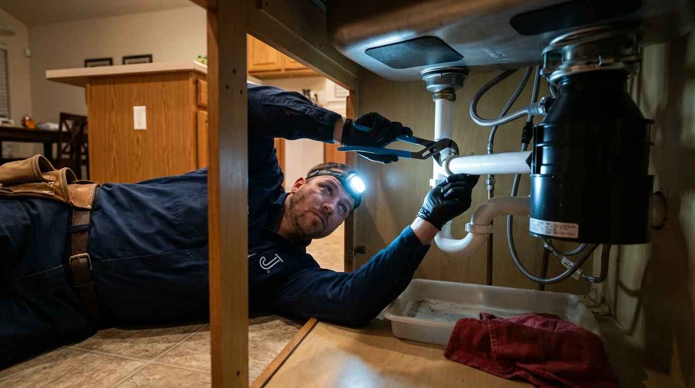 P-trap and supply line connections under a kitchen sink showing a common leak point in South Thomaston, ME